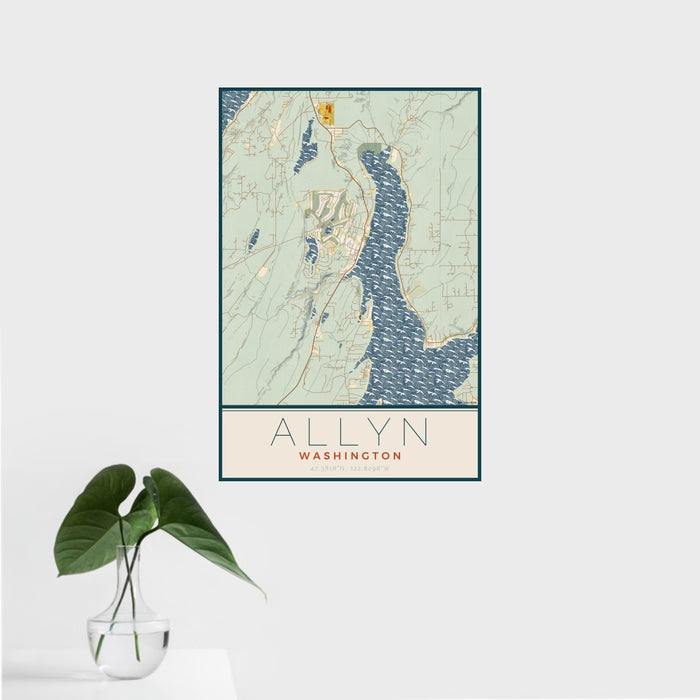 16x24 Allyn Washington Map Print Portrait Orientation in Woodblock Style With Tropical Plant Leaves in Water