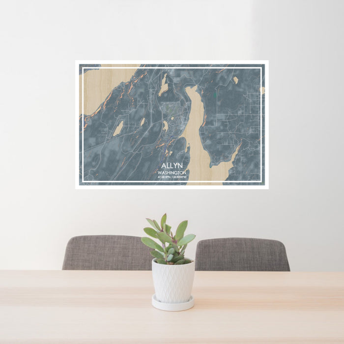 24x36 Allyn Washington Map Print Lanscape Orientation in Afternoon Style Behind 2 Chairs Table and Potted Plant