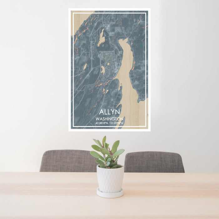 24x36 Allyn Washington Map Print Portrait Orientation in Afternoon Style Behind 2 Chairs Table and Potted Plant