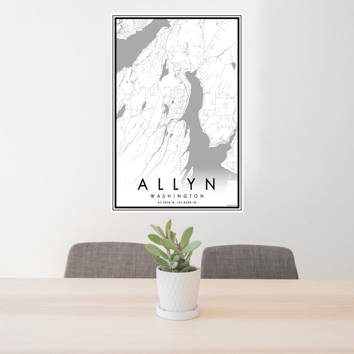 24x36 Allyn Washington Map Print Portrait Orientation in Classic Style Behind 2 Chairs Table and Potted Plant