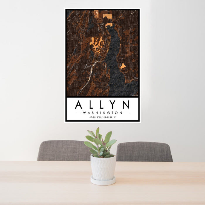 24x36 Allyn Washington Map Print Portrait Orientation in Ember Style Behind 2 Chairs Table and Potted Plant