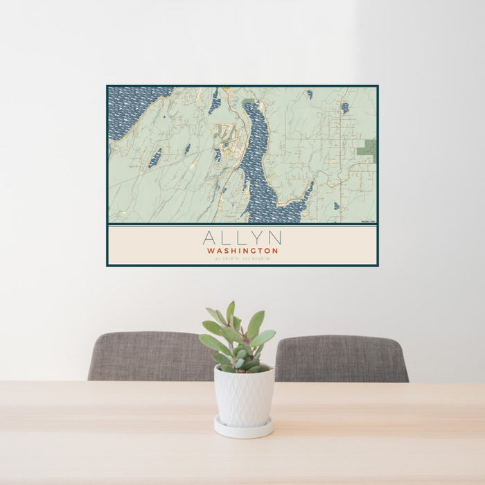 24x36 Allyn Washington Map Print Lanscape Orientation in Woodblock Style Behind 2 Chairs Table and Potted Plant