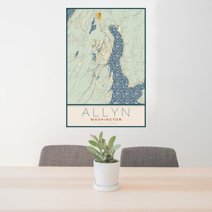 24x36 Allyn Washington Map Print Portrait Orientation in Woodblock Style Behind 2 Chairs Table and Potted Plant