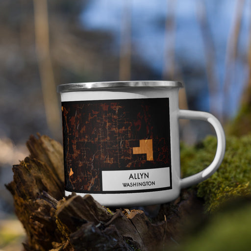 Right View Custom Allyn Washington Map Enamel Mug in Ember on Grass With Trees in Background