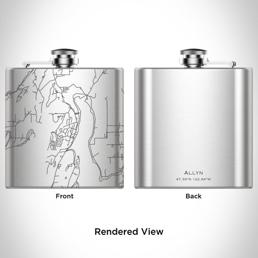 Rendered View of Allyn Washington Map Engraving on 6oz Stainless Steel Flask