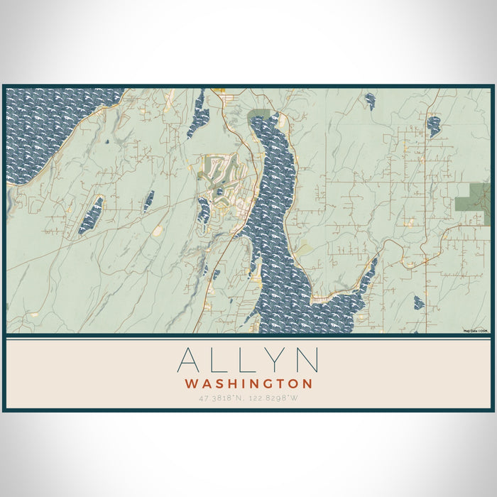 Allyn Washington Map Print Landscape Orientation in Woodblock Style With Shaded Background