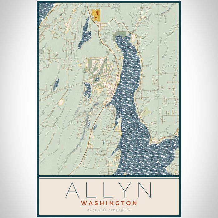 Allyn Washington Map Print Portrait Orientation in Woodblock Style With Shaded Background
