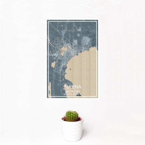 12x18 Alpena Michigan Map Print Portrait Orientation in Afternoon Style With Small Cactus Plant in White Planter