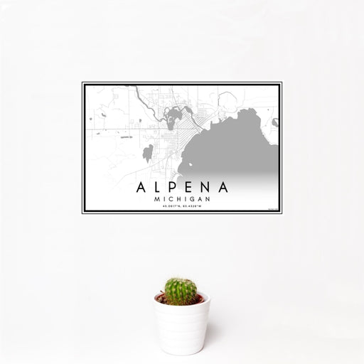 12x18 Alpena Michigan Map Print Landscape Orientation in Classic Style With Small Cactus Plant in White Planter