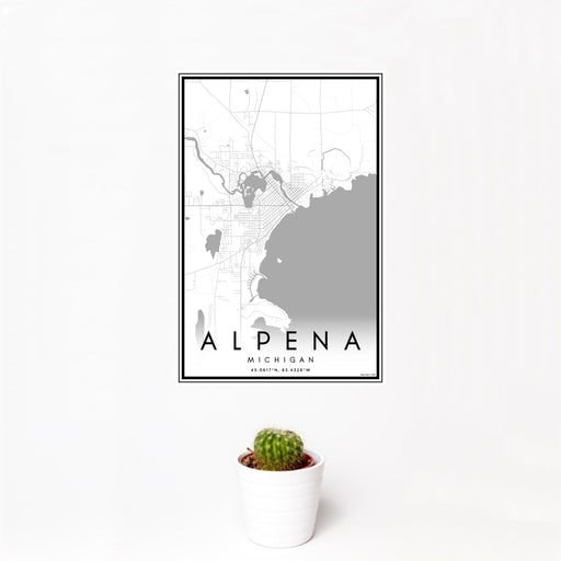 12x18 Alpena Michigan Map Print Portrait Orientation in Classic Style With Small Cactus Plant in White Planter