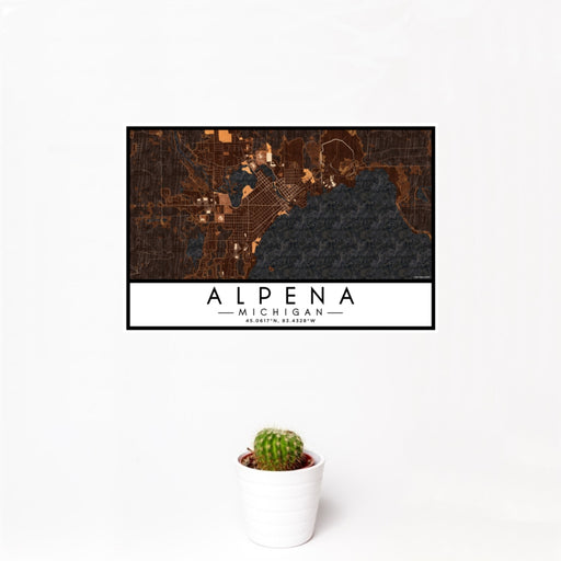 12x18 Alpena Michigan Map Print Landscape Orientation in Ember Style With Small Cactus Plant in White Planter