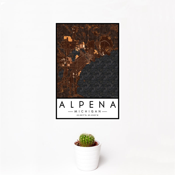 12x18 Alpena Michigan Map Print Portrait Orientation in Ember Style With Small Cactus Plant in White Planter