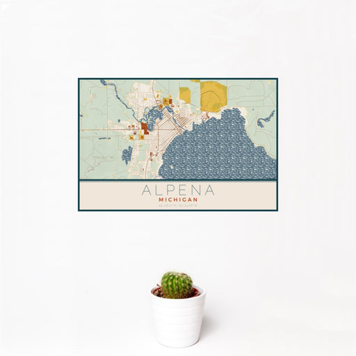 12x18 Alpena Michigan Map Print Landscape Orientation in Woodblock Style With Small Cactus Plant in White Planter