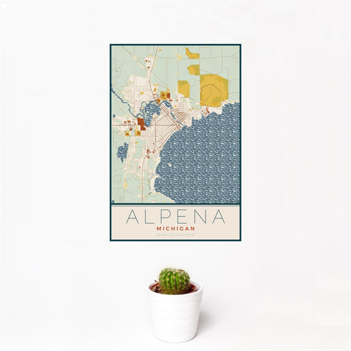 12x18 Alpena Michigan Map Print Portrait Orientation in Woodblock Style With Small Cactus Plant in White Planter