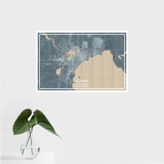 16x24 Alpena Michigan Map Print Landscape Orientation in Afternoon Style With Tropical Plant Leaves in Water