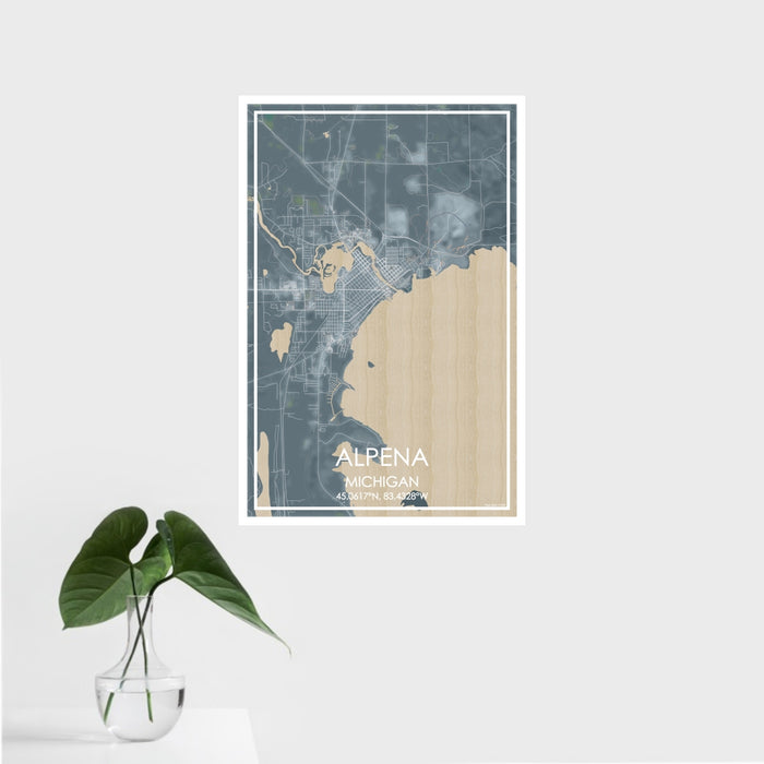 16x24 Alpena Michigan Map Print Portrait Orientation in Afternoon Style With Tropical Plant Leaves in Water