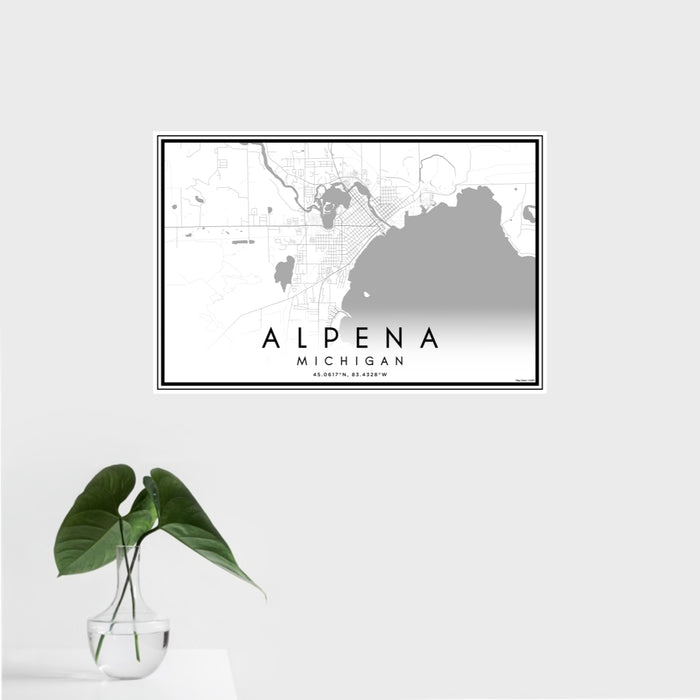 16x24 Alpena Michigan Map Print Landscape Orientation in Classic Style With Tropical Plant Leaves in Water
