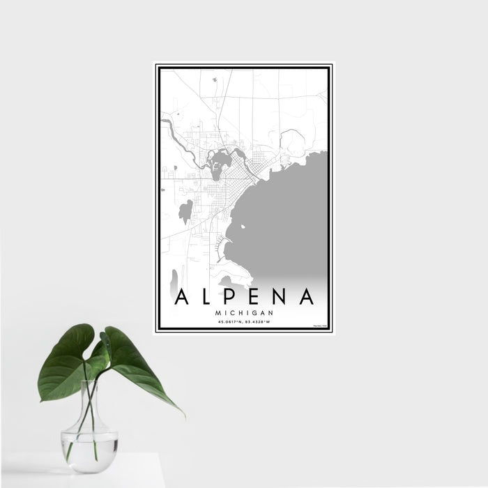16x24 Alpena Michigan Map Print Portrait Orientation in Classic Style With Tropical Plant Leaves in Water