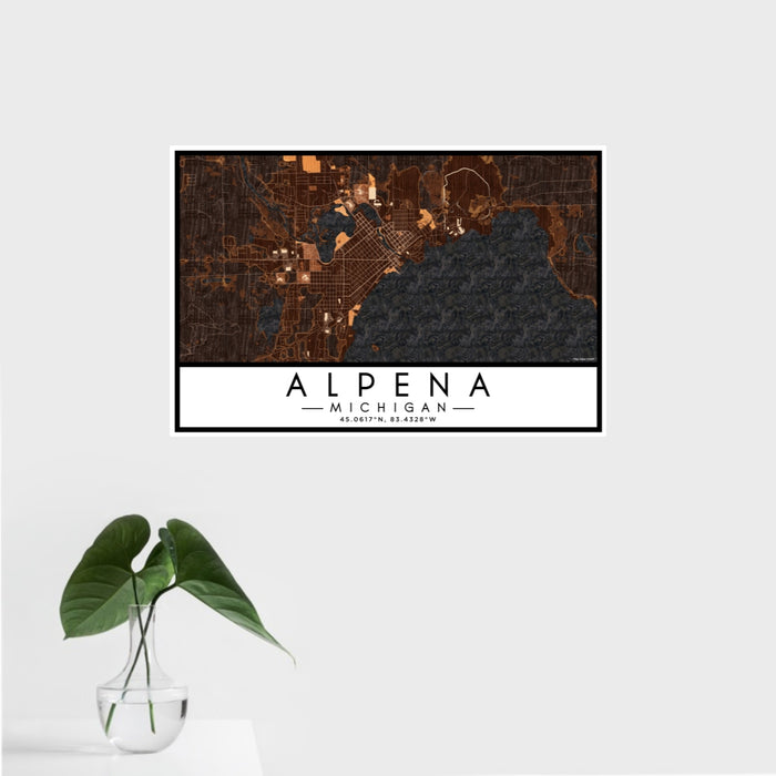 16x24 Alpena Michigan Map Print Landscape Orientation in Ember Style With Tropical Plant Leaves in Water