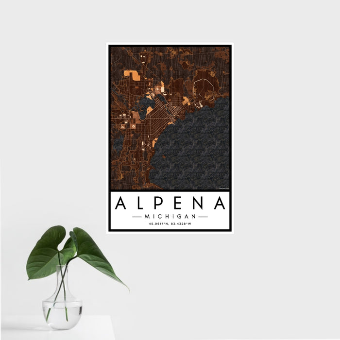 16x24 Alpena Michigan Map Print Portrait Orientation in Ember Style With Tropical Plant Leaves in Water