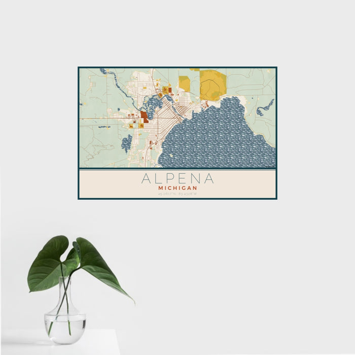 16x24 Alpena Michigan Map Print Landscape Orientation in Woodblock Style With Tropical Plant Leaves in Water