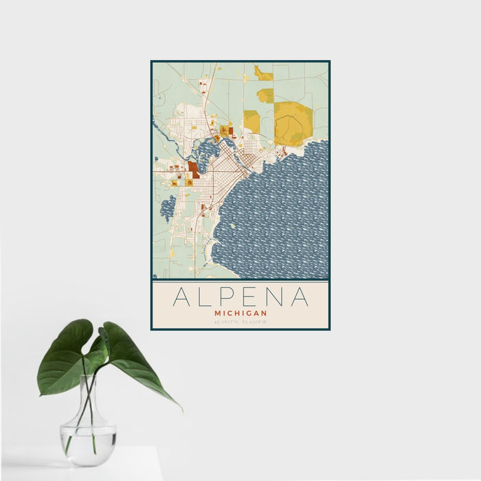 16x24 Alpena Michigan Map Print Portrait Orientation in Woodblock Style With Tropical Plant Leaves in Water