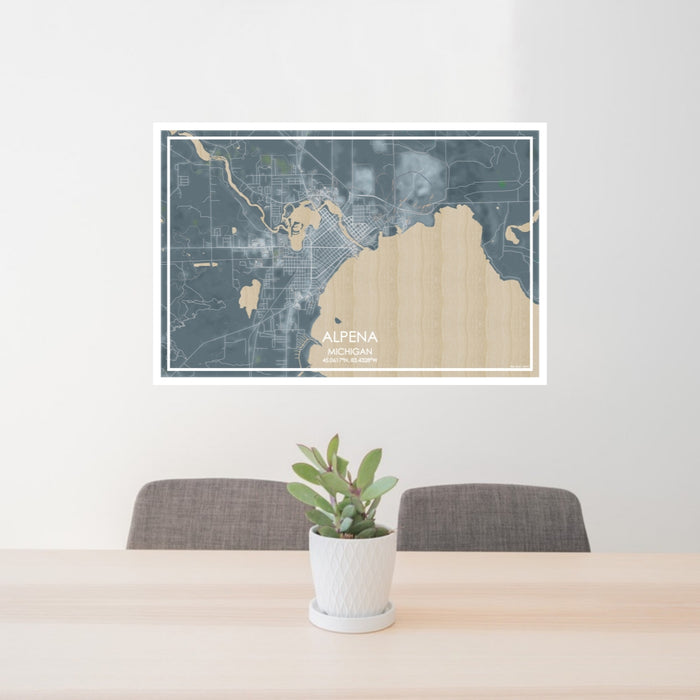 24x36 Alpena Michigan Map Print Lanscape Orientation in Afternoon Style Behind 2 Chairs Table and Potted Plant