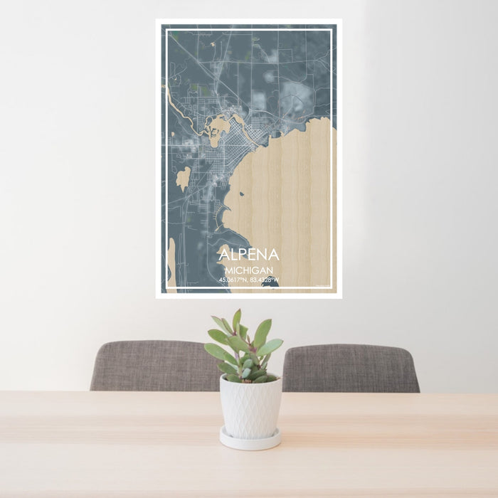 24x36 Alpena Michigan Map Print Portrait Orientation in Afternoon Style Behind 2 Chairs Table and Potted Plant