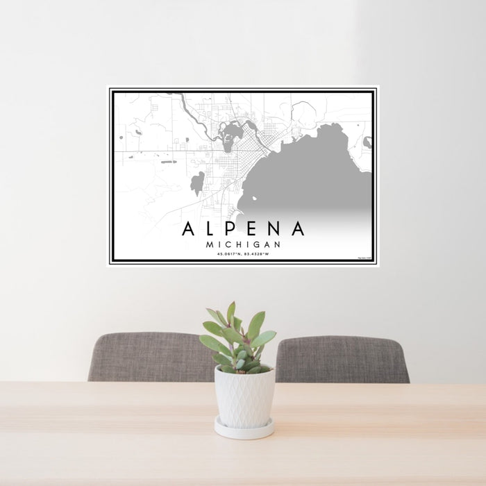 24x36 Alpena Michigan Map Print Lanscape Orientation in Classic Style Behind 2 Chairs Table and Potted Plant