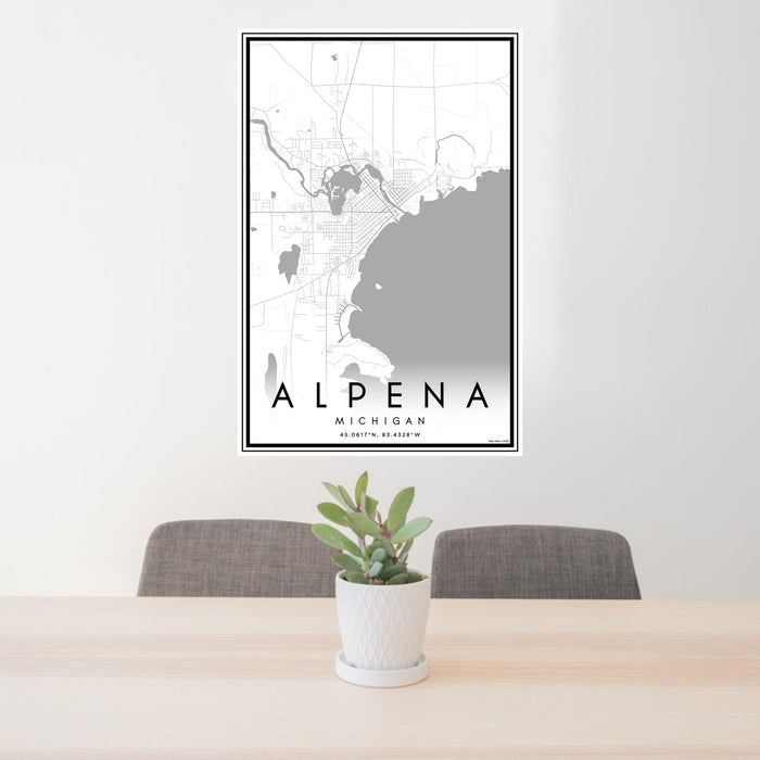 24x36 Alpena Michigan Map Print Portrait Orientation in Classic Style Behind 2 Chairs Table and Potted Plant