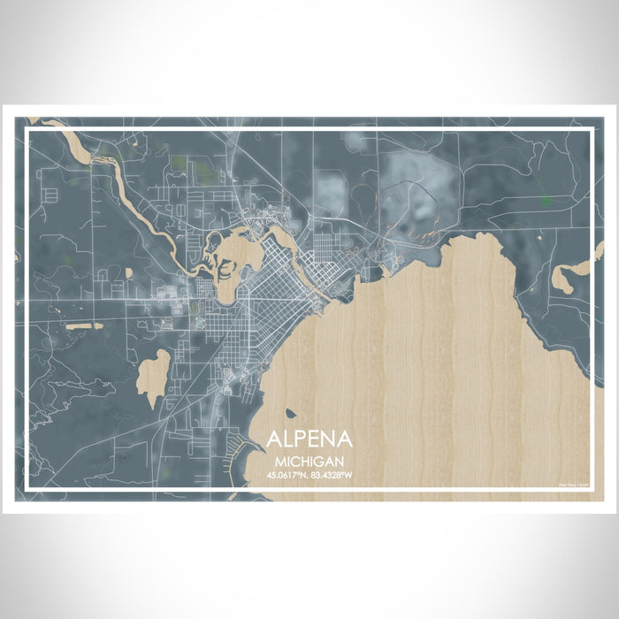 Alpena Michigan Map Print Landscape Orientation in Afternoon Style With Shaded Background
