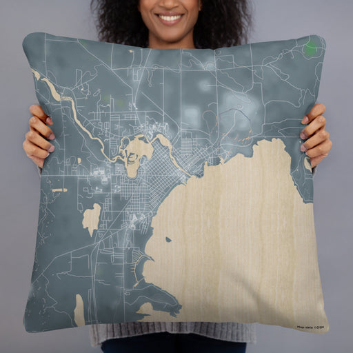 Person holding 22x22 Custom Alpena Michigan Map Throw Pillow in Afternoon