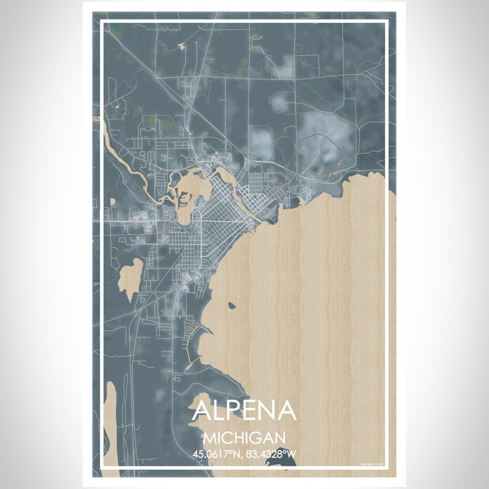 Alpena Michigan Map Print Portrait Orientation in Afternoon Style With Shaded Background