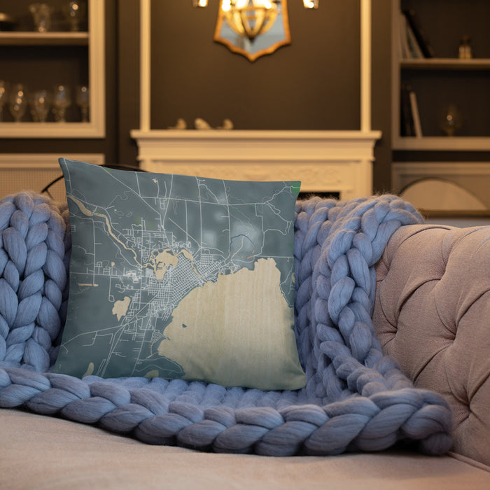 Custom Alpena Michigan Map Throw Pillow in Afternoon on Cream Colored Couch