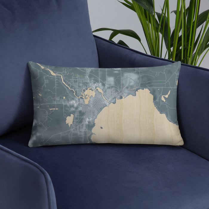 Custom Alpena Michigan Map Throw Pillow in Afternoon on Blue Colored Chair