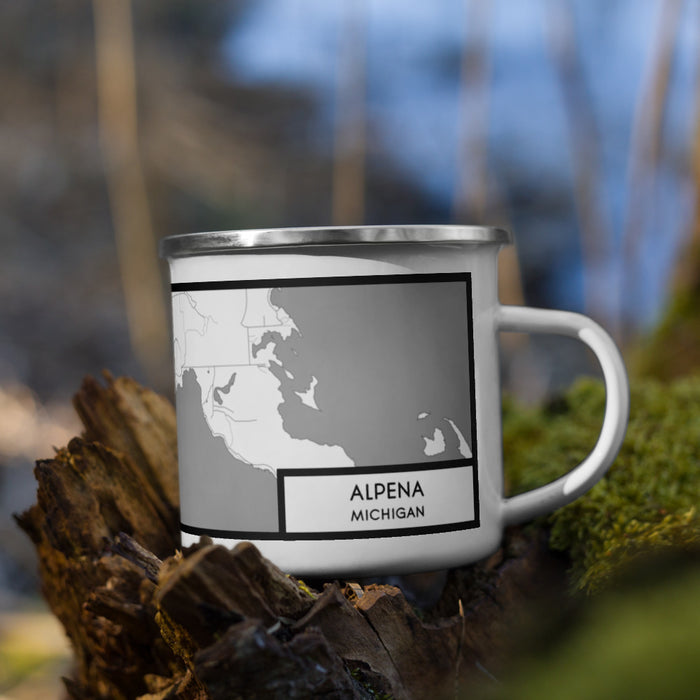 Right View Custom Alpena Michigan Map Enamel Mug in Classic on Grass With Trees in Background
