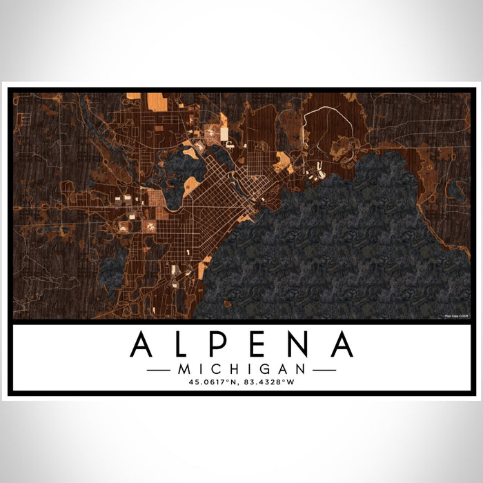 Alpena Michigan Map Print Landscape Orientation in Ember Style With Shaded Background