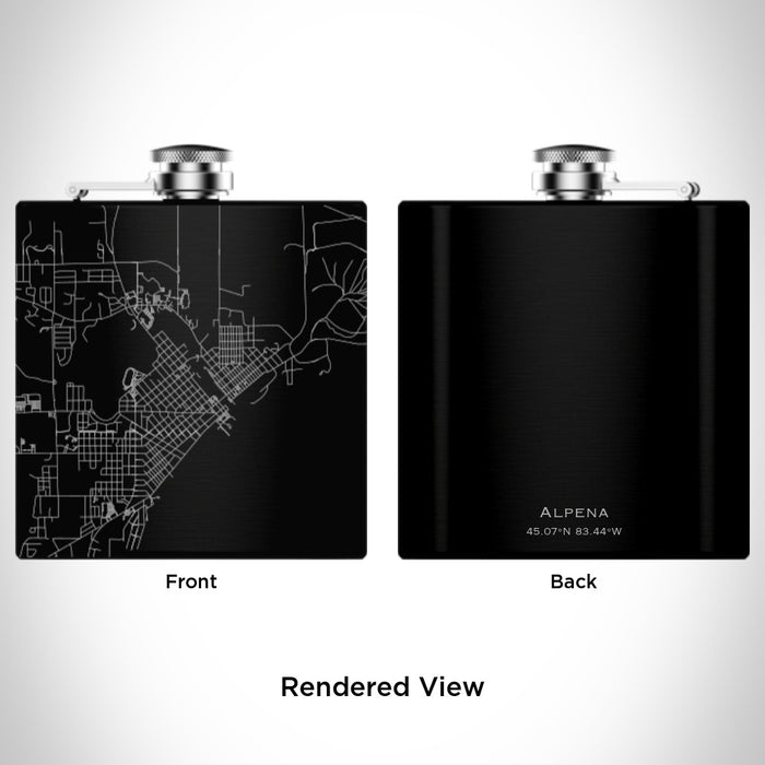 Rendered View of Alpena Michigan Map Engraving on 6oz Stainless Steel Flask in Black