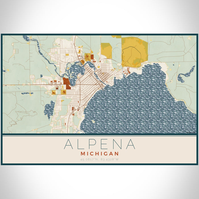Alpena Michigan Map Print Landscape Orientation in Woodblock Style With Shaded Background