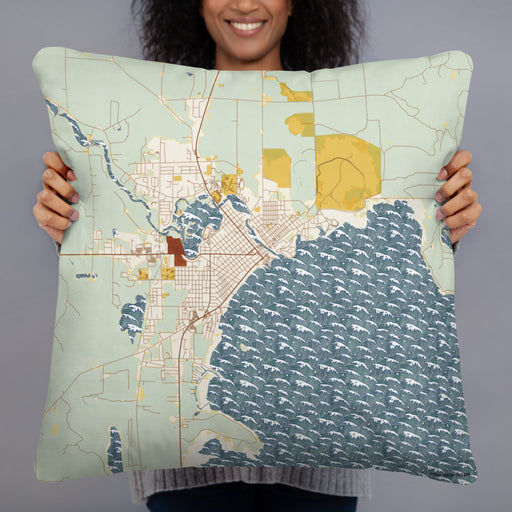 Person holding 22x22 Custom Alpena Michigan Map Throw Pillow in Woodblock