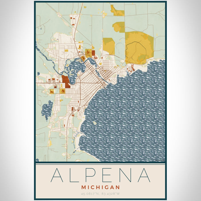 Alpena Michigan Map Print Portrait Orientation in Woodblock Style With Shaded Background