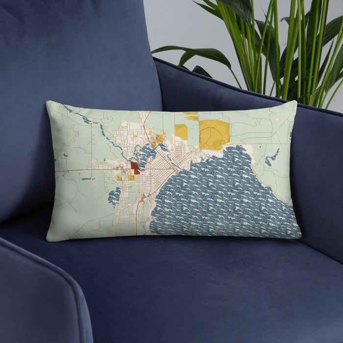 Custom Alpena Michigan Map Throw Pillow in Woodblock on Blue Colored Chair