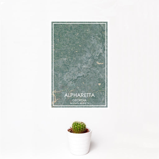 12x18 Alpharetta Georgia Map Print Portrait Orientation in Afternoon Style With Small Cactus Plant in White Planter