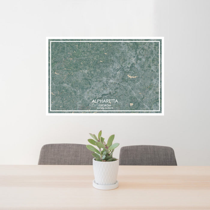 24x36 Alpharetta Georgia Map Print Lanscape Orientation in Afternoon Style Behind 2 Chairs Table and Potted Plant