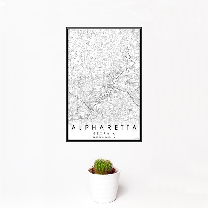 12x18 Alpharetta Georgia Map Print Portrait Orientation in Classic Style With Small Cactus Plant in White Planter
