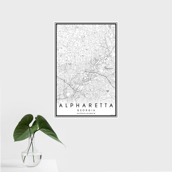 16x24 Alpharetta Georgia Map Print Portrait Orientation in Classic Style With Tropical Plant Leaves in Water