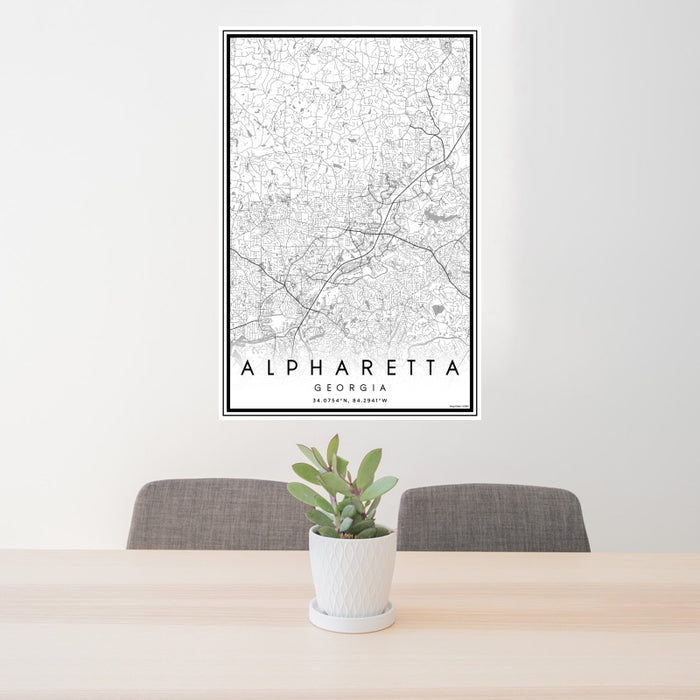 24x36 Alpharetta Georgia Map Print Portrait Orientation in Classic Style Behind 2 Chairs Table and Potted Plant