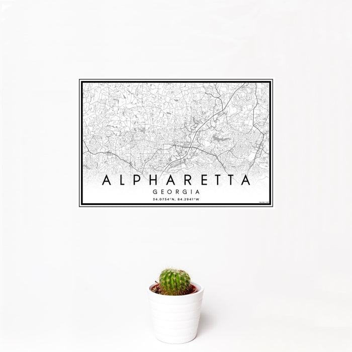 12x18 Alpharetta Georgia Map Print Landscape Orientation in Classic Style With Small Cactus Plant in White Planter