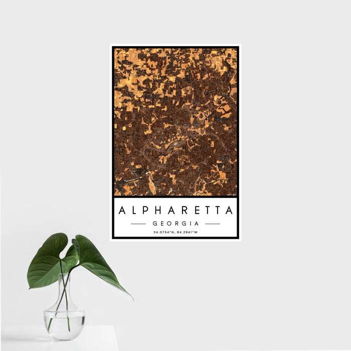 16x24 Alpharetta Georgia Map Print Portrait Orientation in Ember Style With Tropical Plant Leaves in Water