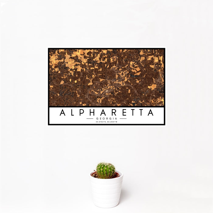 12x18 Alpharetta Georgia Map Print Landscape Orientation in Ember Style With Small Cactus Plant in White Planter